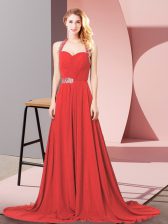  Red Prom Dress Halter Top Sleeveless Brush Train Zipper