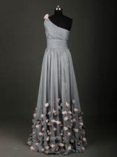 Perfect Sleeveless Chiffon Floor Length Backless Prom Dress in Grey with Pleated and Belt and Hand Made Flower