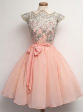 Dazzling Peach Cap Sleeves Chiffon Zipper Damas Dress for Prom and Party and Wedding Party