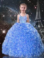  Baby Blue Sleeveless Floor Length Beading and Ruffles Lace Up Little Girl Pageant Dress