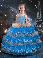  Ball Gowns Party Dresses Baby Blue Straps Organza Sleeveless Floor Length Lace Up