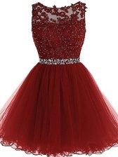 Chic Sleeveless Tulle Mini Length Zipper Dress for Prom in Burgundy with Beading and Lace and Appliques