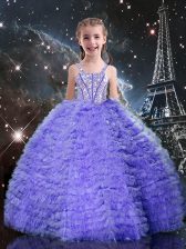 Beauteous Floor Length Lavender Kids Pageant Dress Tulle Short Sleeves Beading and Ruffled Layers