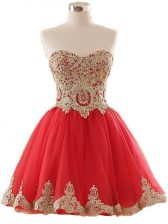  Sleeveless Mini Length Appliques Lace Up Prom Evening Gown with Red