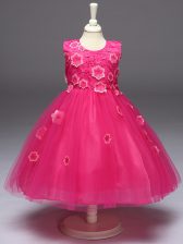 Fantastic Tulle Sleeveless Knee Length Little Girls Pageant Dress and Appliques and Bowknot