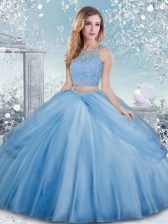 Beauteous Floor Length Baby Blue 15 Quinceanera Dress Tulle Sleeveless Beading