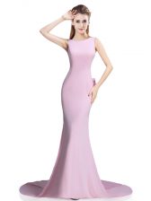 Enchanting Sleeveless Elastic Woven Satin Brush Train Clasp Handle Prom Gown in Pink with Beading and Bowknot