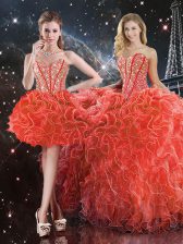 Pretty Coral Red Organza Lace Up Sweetheart Sleeveless Floor Length Quinceanera Dresses Beading and Ruffles