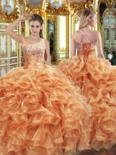 Modest Floor Length Lace Up Quinceanera Dress Orange for Military Ball and Sweet 16 and Quinceanera with Beading and Ruffles