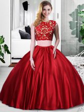 Fancy Scoop Sleeveless Quince Ball Gowns Floor Length Lace and Ruching Wine Red Taffeta