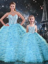 Sophisticated Light Blue Tulle Lace Up Sweetheart Sleeveless Floor Length Quinceanera Gowns Beading and Ruffles
