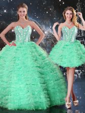  Apple Green Organza Lace Up Sweetheart Sleeveless Floor Length 15th Birthday Dress Beading and Ruffled Layers