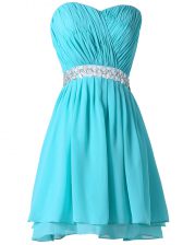 Mini Length Aqua Blue Prom Gown Chiffon Sleeveless Beading and Ruching