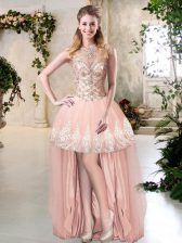 Peach Tulle Zipper Sleeveless High Low Beading and Lace and Appliques