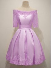 Cute Lilac A-line Lace Vestidos de Damas Lace Up Taffeta Half Sleeves Knee Length