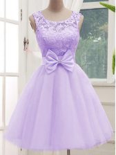  Tulle Sleeveless Knee Length Dama Dress for Quinceanera and Lace and Bowknot