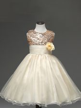 Perfect Champagne Scoop Zipper Sequins and Hand Made Flower Little Girl Pageant Gowns Sleeveless