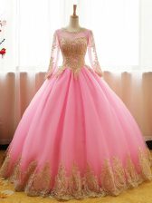 High End Scoop Long Sleeves Organza Sweet 16 Quinceanera Dress Appliques Lace Up