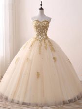 High Class Sleeveless Tulle Floor Length Lace Up Vestidos de Quinceanera in Champagne with Beading and Lace and Appliques