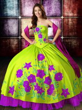 Custom Fit Multi-color Ball Gowns Satin Strapless Sleeveless Embroidery Floor Length Lace Up 15 Quinceanera Dress