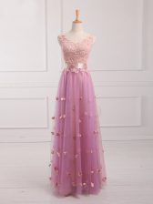  Floor Length Lilac Quinceanera Court of Honor Dress V-neck Sleeveless Lace Up
