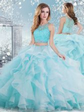 High Class Floor Length Clasp Handle Quinceanera Gown Aqua Blue for Military Ball and Sweet 16 and Quinceanera with Beading and Ruffles