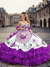  Organza Sweetheart Sleeveless Lace Up Embroidery and Ruffled Layers Sweet 16 Dresses in Eggplant Purple