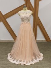 Clearance Sleeveless Floor Length Beading and Lace and Appliques Zipper Dress for Prom with Champagne
