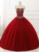  Wine Red Tulle Lace Up 15 Quinceanera Dress Sleeveless Floor Length Beading