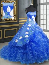  Blue 15th Birthday Dress Military Ball and Sweet 16 and Quinceanera with Embroidery and Ruffles Sweetheart Sleeveless Brush Train Lace Up