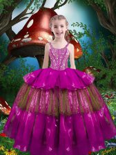  Straps Sleeveless Lace Up Little Girls Pageant Gowns Fuchsia Organza
