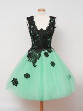 Stunning Lace Dama Dress for Quinceanera Turquoise Zipper Sleeveless Knee Length