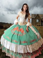 Custom Made Multi-color Off The Shoulder Lace Up Embroidery and Ruffled Layers Sweet 16 Dress Brush Train Sleeveless