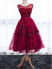 Sleeveless Lace Tea Length Zipper Damas Dress in Fuchsia with Lace