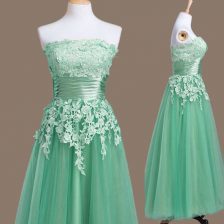 Most Popular Turquoise Empire Tulle Strapless Sleeveless Appliques Tea Length Lace Up Dama Dress