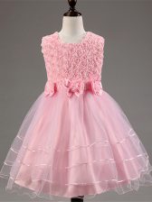 High Quality Baby Pink Sleeveless Knee Length Ruffled Layers and Hand Made Flower Zipper Flower Girl Dresses for Less