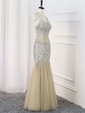 Romantic Sleeveless Floor Length Beading Criss Cross Prom Dress with Champagne