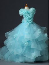 Customized Floor Length Ball Gowns Sleeveless Aqua Blue Girls Pageant Dresses Lace Up