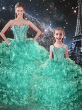  Turquoise Lace Up Ball Gown Prom Dress Beading and Ruffles Sleeveless Floor Length