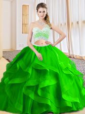 High End Two Pieces One Shoulder Sleeveless Tulle Floor Length Criss Cross Beading and Ruffled Layers Ball Gown Prom Dress