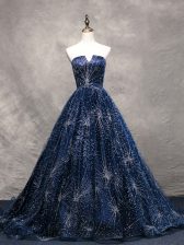  Sleeveless Beading Lace Up Prom Dresses with Navy Blue Brush Train