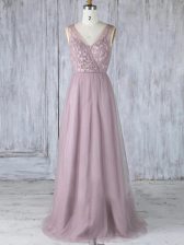  Sleeveless Tulle Floor Length Criss Cross Quinceanera Court of Honor Dress in Lavender with Appliques