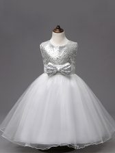  White Kids Formal Wear Wedding Party with Sequins and Bowknot Scoop Sleeveless Zipper