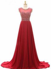  Wine Red Sleeveless Chiffon Brush Train Lace Up Prom Evening Gown for Prom and Military Ball and Sweet 16