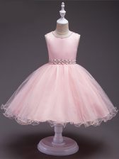  Scoop Sleeveless Little Girls Pageant Dress Knee Length Beading Baby Pink Organza