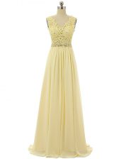 Exceptional Empire Homecoming Dress Light Yellow V-neck Chiffon Sleeveless Floor Length Zipper