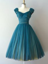 Stunning Teal Dama Dress Prom and Party and Sweet 16 with Ruching V-neck Cap Sleeves Zipper