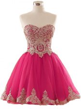 Extravagant Sleeveless Mini Length Appliques Lace Up Prom Party Dress with Hot Pink