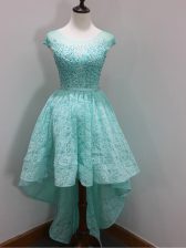  Scoop Cap Sleeves Quinceanera Dama Dress High Low Beading and Lace Aqua Blue Lace