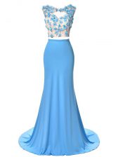 Pretty Scoop Sleeveless Prom Party Dress Brush Train Hand Made Flower Blue Chiffon